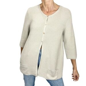 OLSEN cotton blend neutral beige 3/4 sleeve ribbed knit cardigan sweater 12